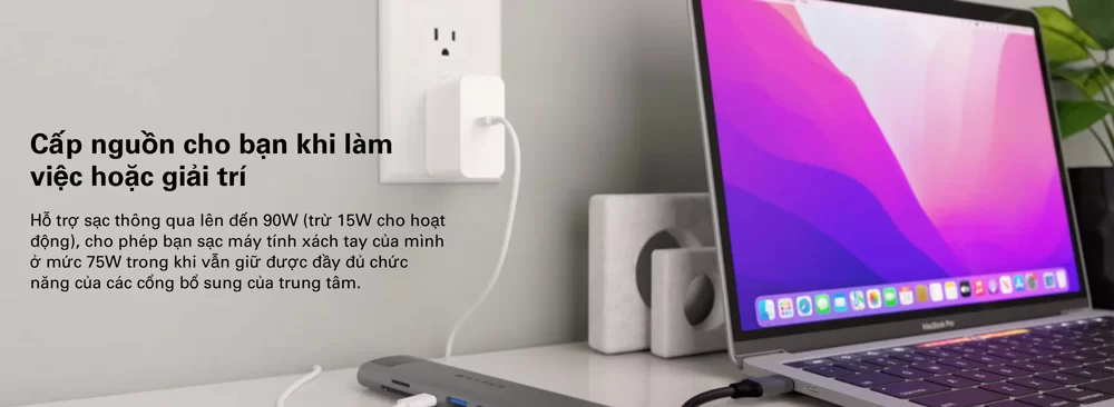 HyperDrive Slab 7in1 Hỗ trợ sạc thông qua cổng USB-C lên đến 90W