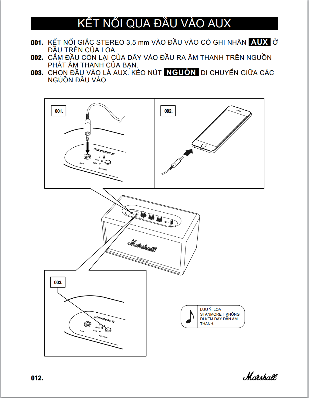 Các Bước Kết Nối Marshall Stanmore 2 Với Thiết Bị Nguồn Phát Thông Qua Cổng AUX