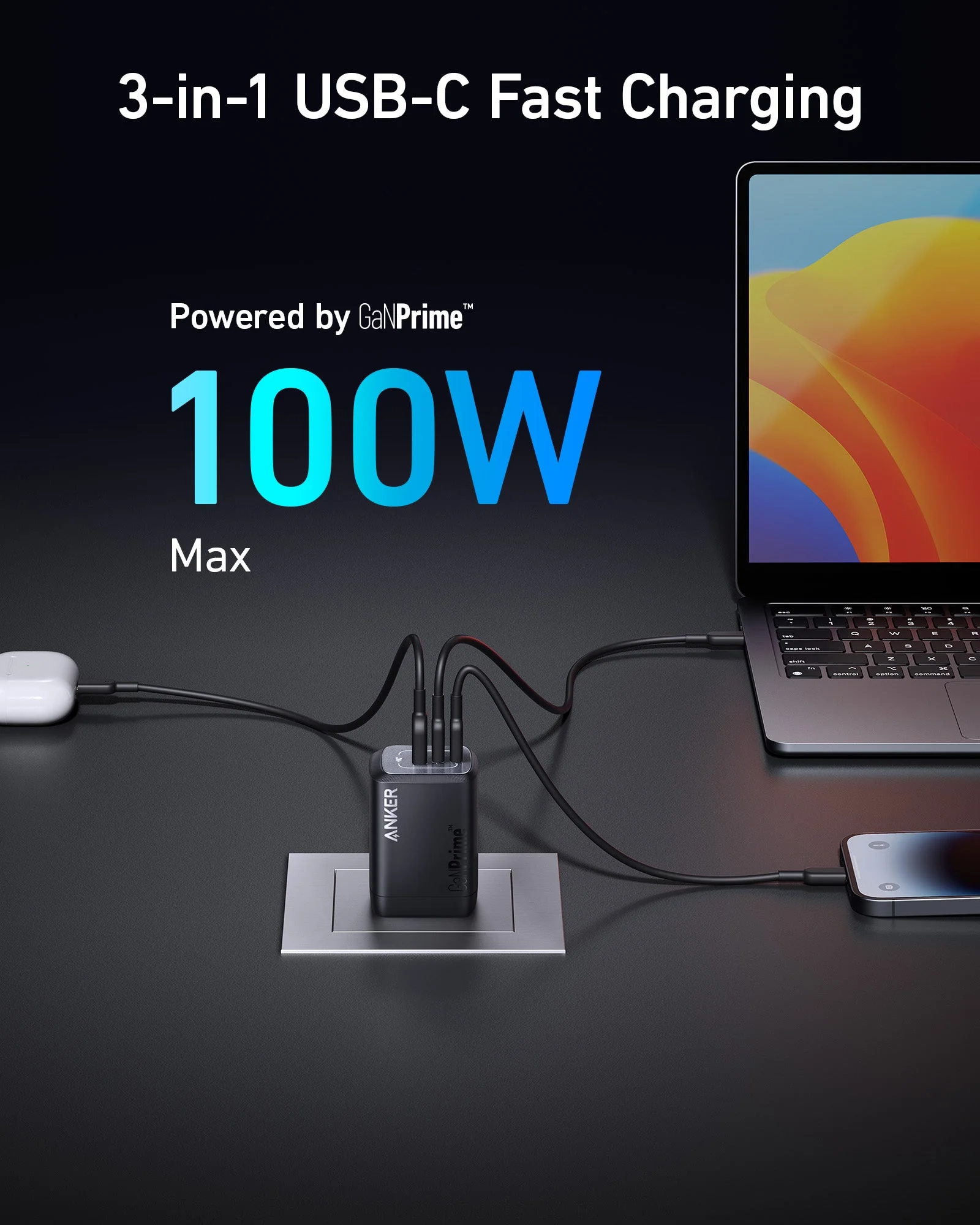 Anker Prime 100W GaN - A2343 Sạc Nhanh 3 Cổng