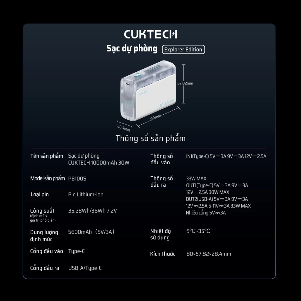 Pin Dự Phòng Cuktech 10.000mAh Power Bank 30W PD3.0/PPS/QC3.0 - PB100S