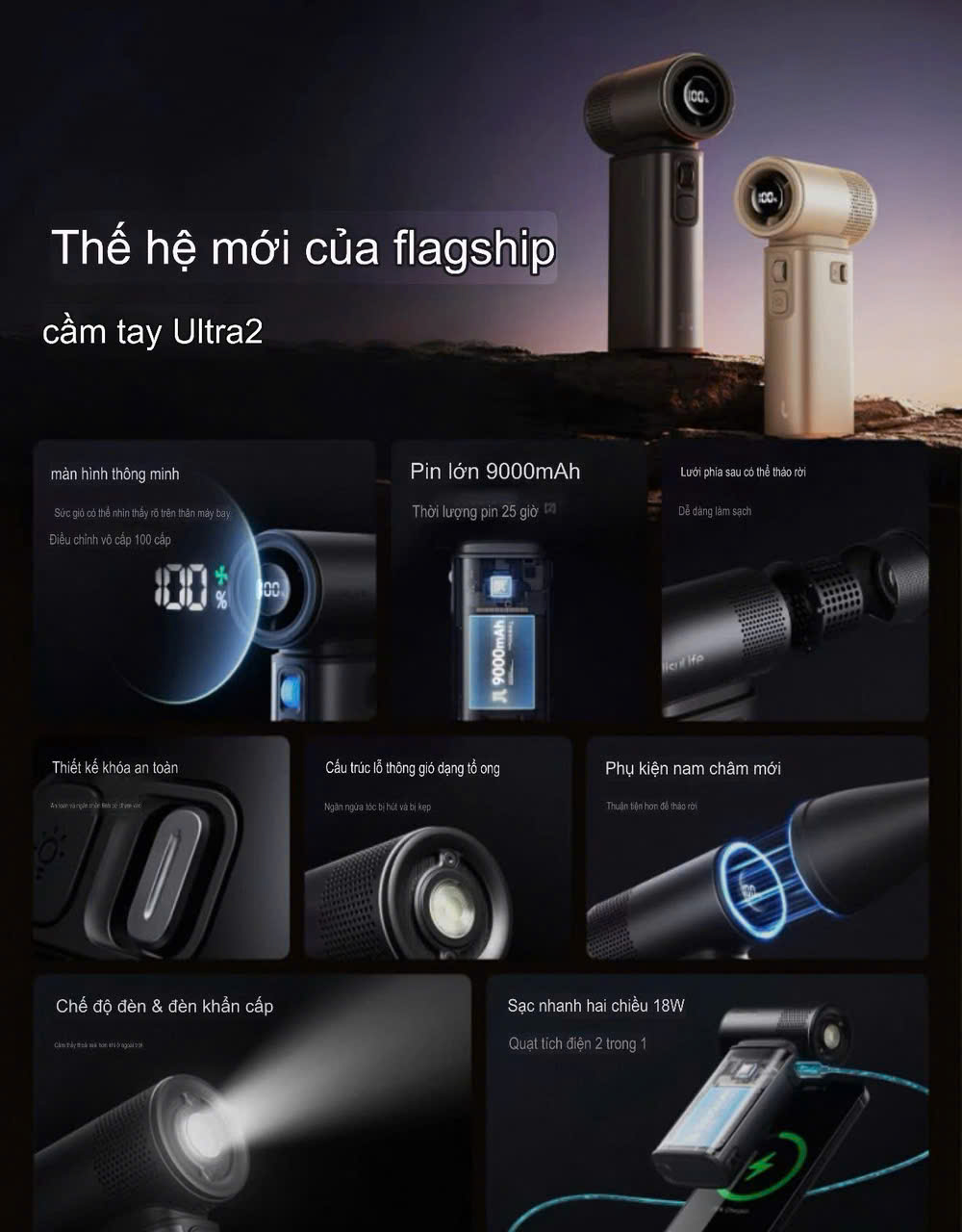 Quạt cầm tay đa năng Jisulife ULTRA2 – công suất mạnh 18W, pin 9000mAh, 100 tốc độ gió