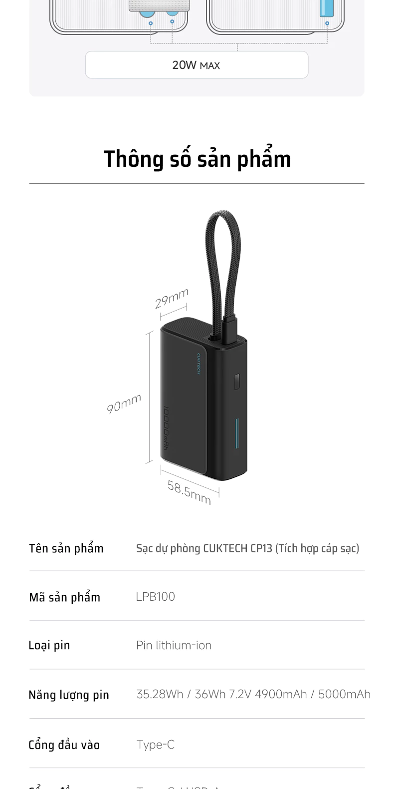 Pin Dự Phòng Cuktech LPB100 CP13 10.000mAh | 9SS.VN Phân Phối Chính Hãng