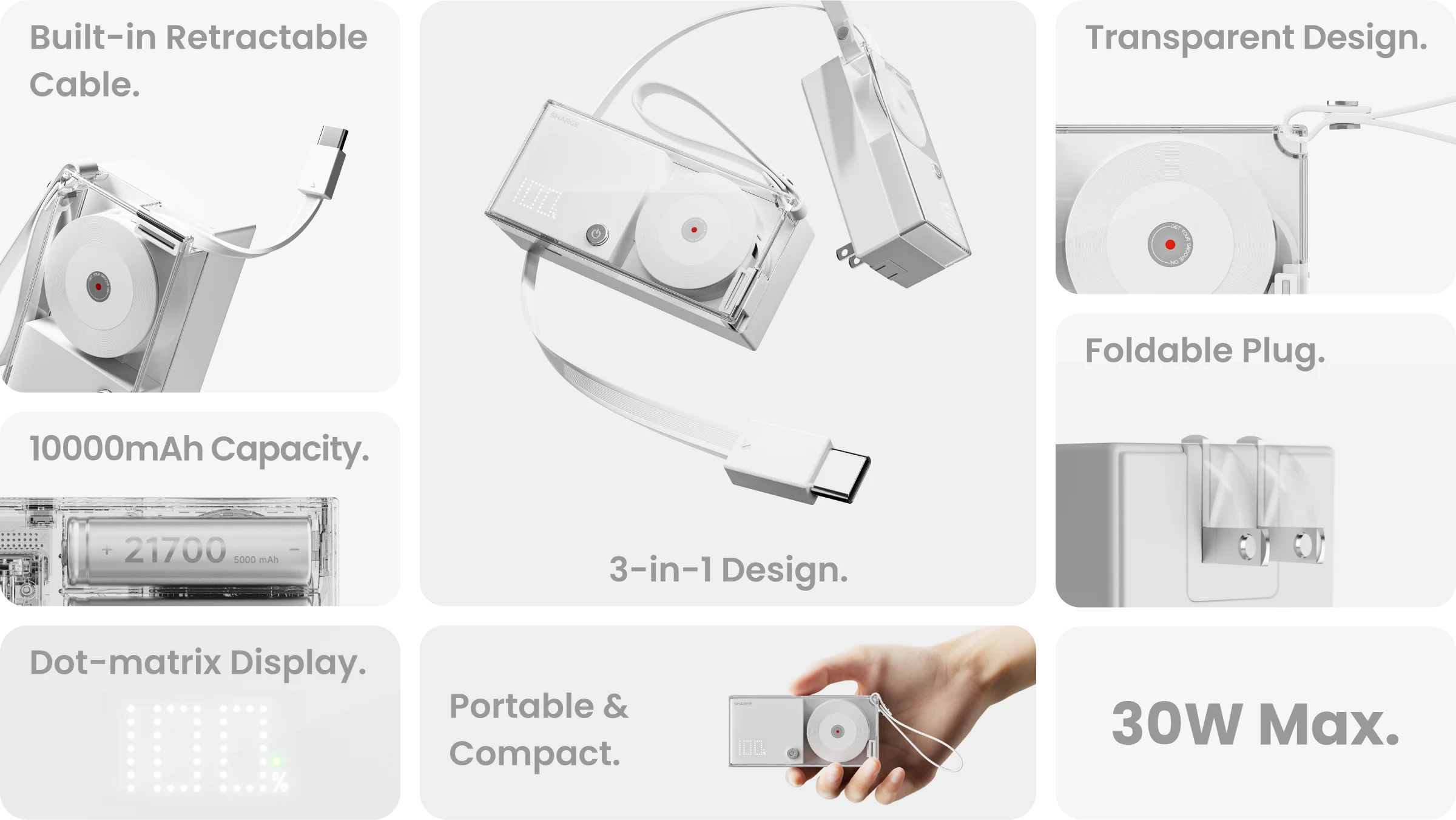 Pin Sạc Dự Phòng Sharge 3-in-1 10000mAh 30W Pin Sạc Dự Phòng Sharge 3-in-1 10000mAh 30W Tích Hợp Cáp USB-C Và Chân Cắm Gập P7