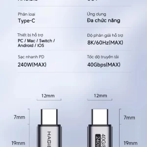 Cáp USB4 C To C 40G/8k@60hz + Sạc PD 240w Hagibis UC4 Dài 2m